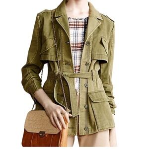 Anthropologie HEI HEI Cargo Military Olive Green Utility Belted Trench Jacket